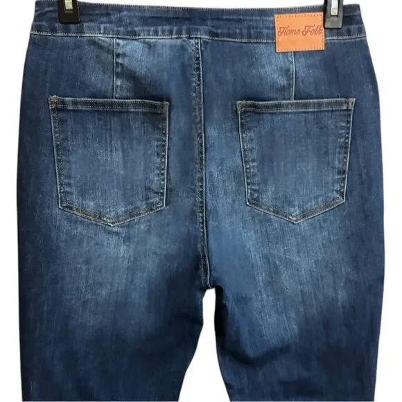 HomeFolk/L&B Dark Wash Distressed Knee Flare Jeans NWT - Picture 11 of 14